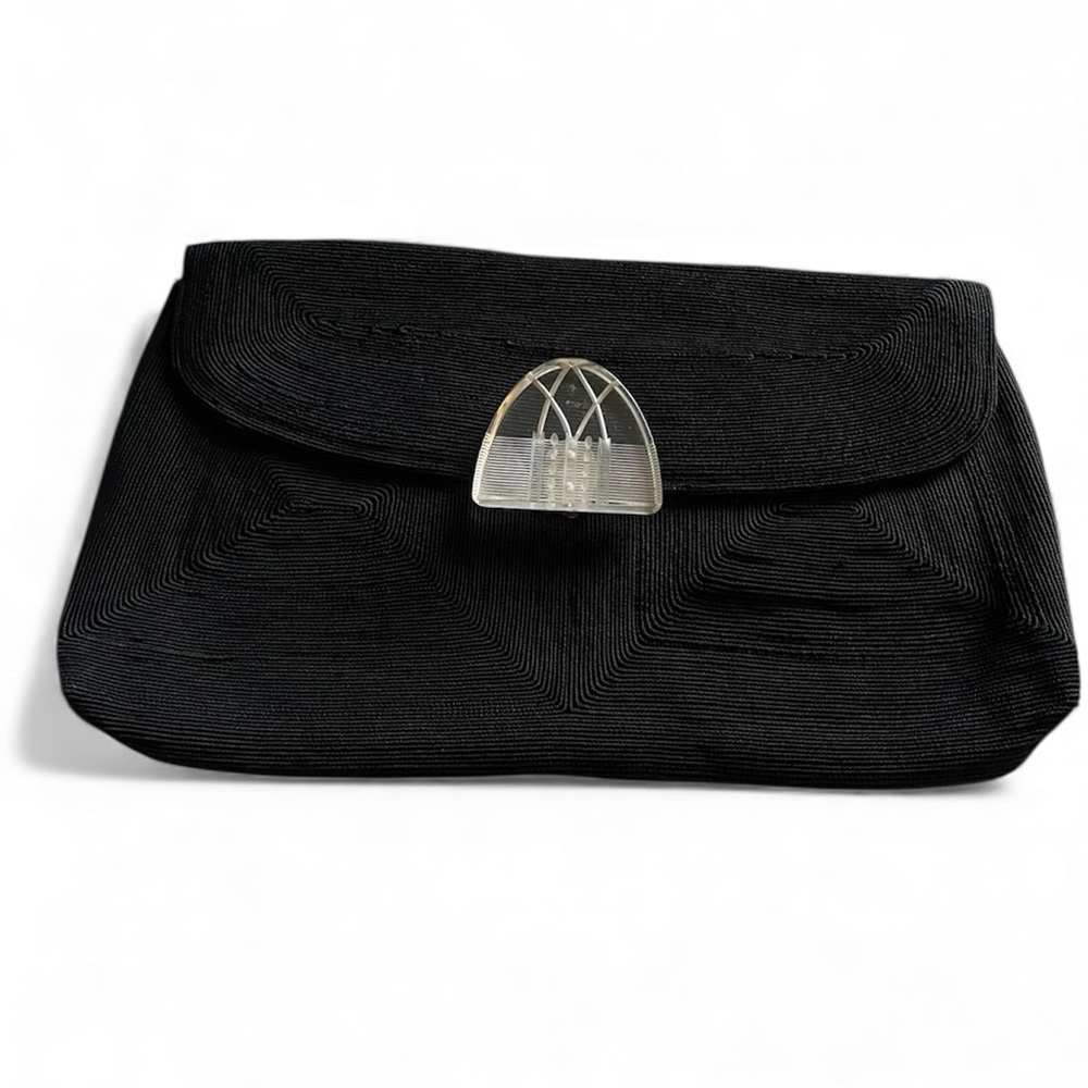 Large Black Needlecord Clutch Purse with Art Deco Clasp